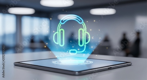 A glowing neon headset hologram projects from a thin digital tablet on a grey table against a blurred office interior background with ceiling lights.