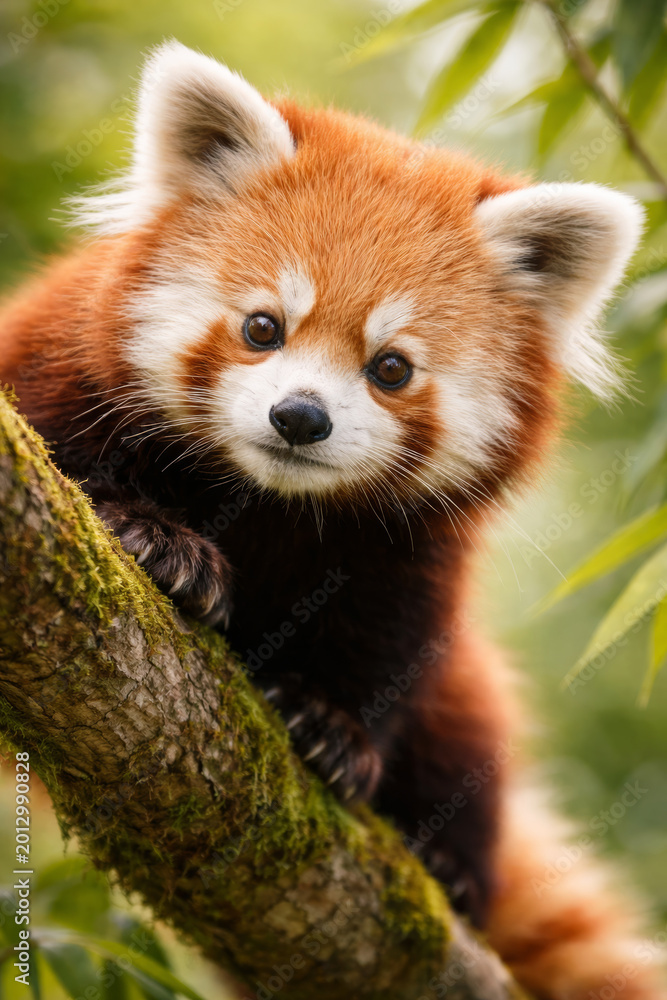 Fototapeta premium Red panda climbing a tree with curious expression