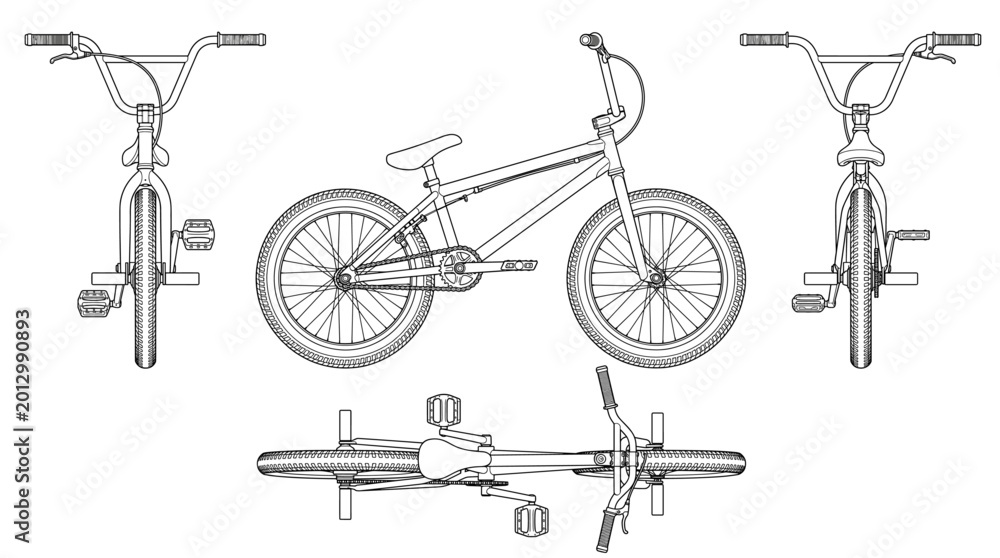 Fototapeta premium BMX bike technical drawing blueprint with front side back and top views CAD line art vector illustration