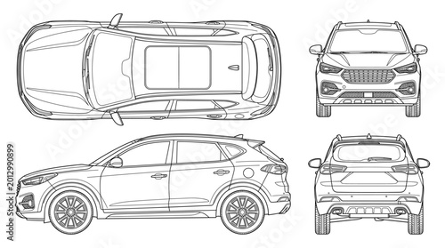 Crossover technical drawing blueprint with front side back and top views CAD line art vector illustration