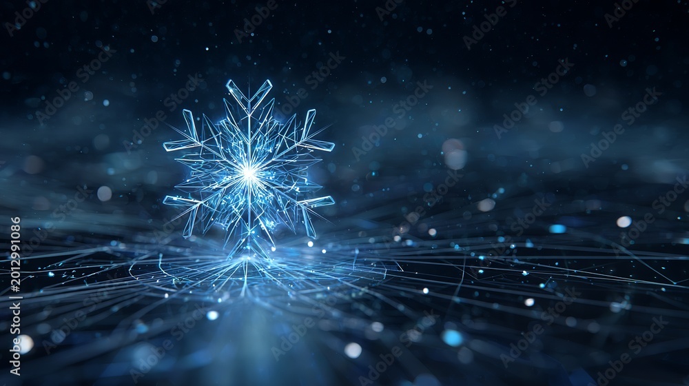 Fototapeta premium Futuristic glowing blue snowflake with digital particles and geometric light lines abstract winter background