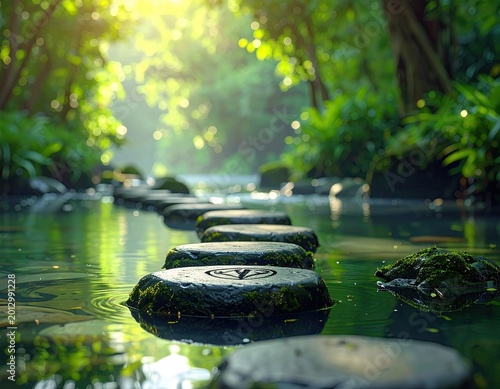 Stepping stones cross tranquil water, bathed in dappled sunlit forest foliage