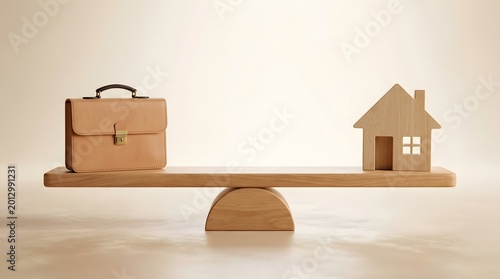 Balanced seesaw with wooden briefcase and small house model symbolizing work life balance real estate briefcase lifestyle stability equilibrium business professional personal equality