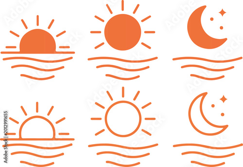 Minimalist Time of Day Vector Icon Set Featuring Morning Sunrise, Bright Noon, Sun, Evening Sunset, and Night Moon with Stars.