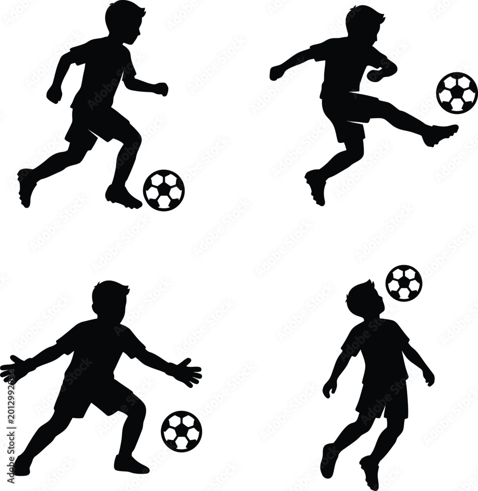 Αυτοκόλλητο Collection of four silhouettes showing a young boy practicing football skills including kicking and heading
