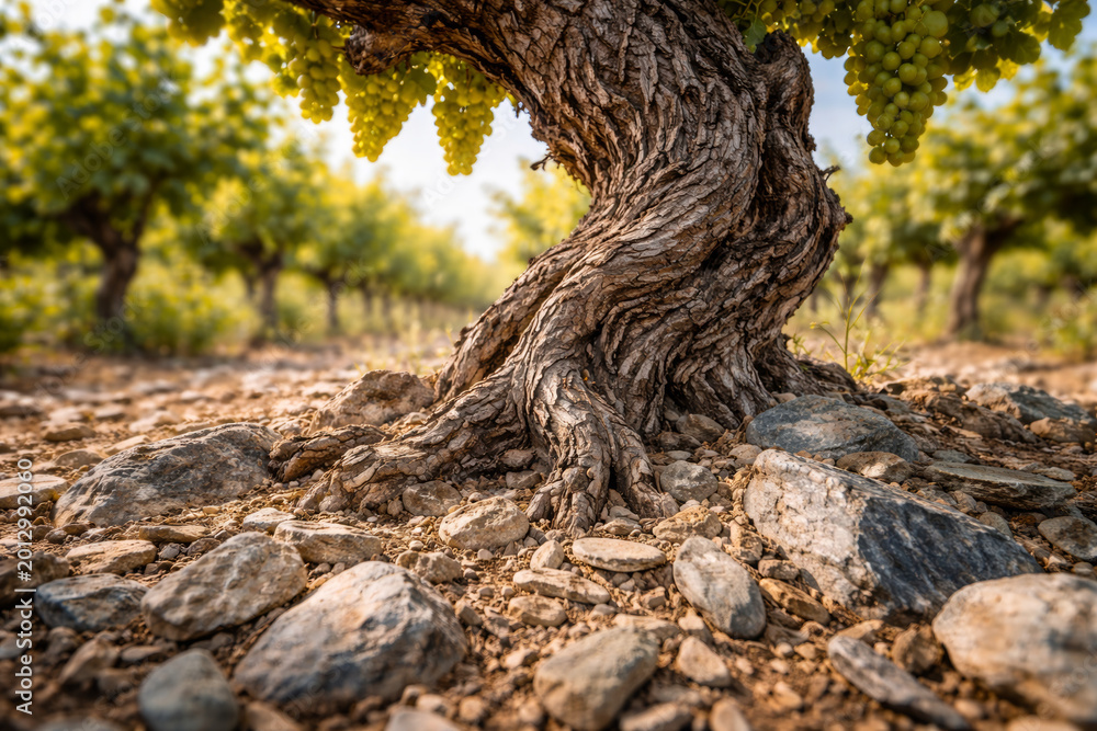 Obraz premium Close-up of ancient vineyard tree trunk amidst pebbles
