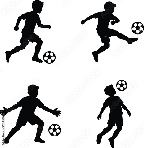 Photos Collection of four silhouettes showing a young boy practicing football skills including kicking and heading