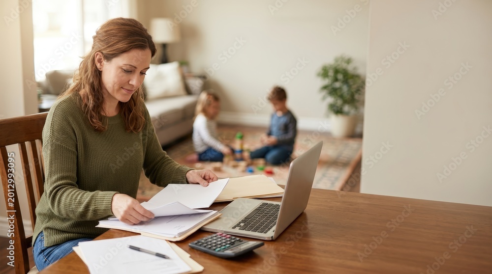 Fototapeta premium Caring parent seated at dining table organizing plain document
