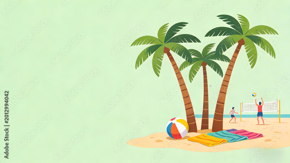 Obraz premium Beach scene with palm trees, colorful towels, and people playing volleyball on sandy shore