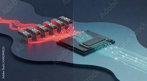 3D infographic comparing pluggable transceiver optics and co-packaged optics