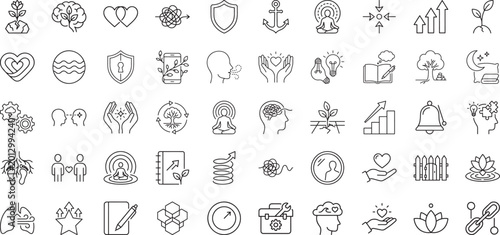 Cuadro en lienzo Minimalist mental health and wellness line icons for psychological growth and se