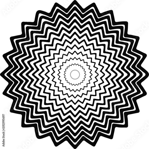 Abstract Sunburst Wavy Line Vector Illustration. Decorative Monochrome Zigzag Circular Frame