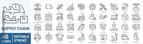 Supply chain line web icons. Value chain, logistic, delivery, manufacturing, commerce. Outline icon collection. Vector illustration. Editable stroke