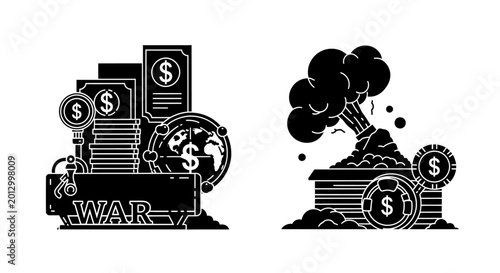 Fotografía War and money destruction concept.