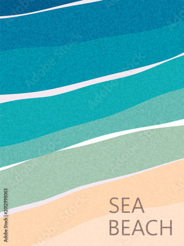 Poster with a sea beach view. Summer abstract backgrounds. Illustration with a tropical sea and coastline. Banner, advertising design. Summer holidays, travel, vacation illustrations 