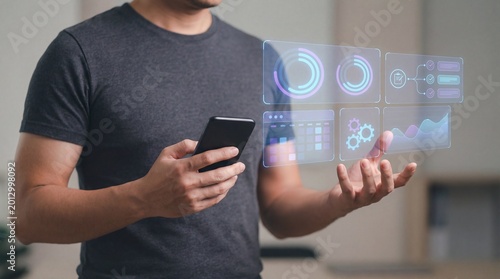 Man holding smartphone with floating holographic data interface