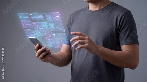 Person using smartphone with holographic digital interface