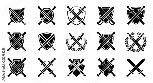 Fotografia Collection of shield and sword icons.