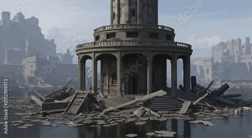 Foto Ruined ancient stone column structure standing.