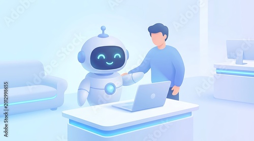 Human Professional Collaborating with Cute Robot on Laptop in Modern Office