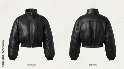 Professional 3D product mockup of a black leather puffer jacket, showing both front and back views. High-quality realistic texture with a clean white background for fashion design.