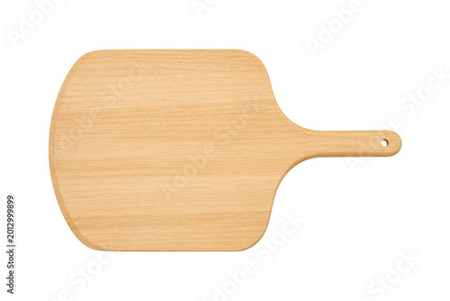 Natural wooden cutting board with handle isolated on white background, minimalist kitchen utensil for serving pizza, bread, cheese, and food preparation