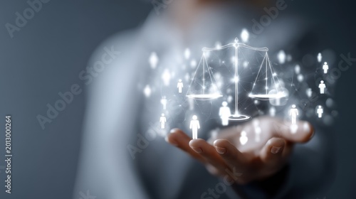 Scales of justice held in human hand