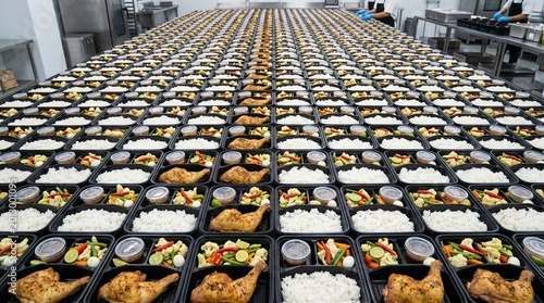 High angle view of hundreds of black bento boxes being prepared in a commercial kitchen with roasted chicken, white rice, and mixed vegetables.