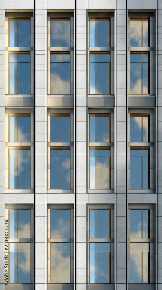 Fototapeta premium Modern Architectural Facade Windows Reflecting Sky and Clouds