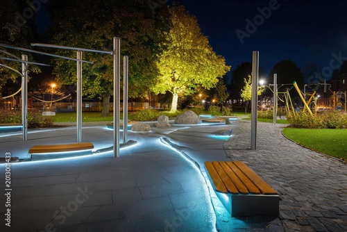 Modern Illuminated Park Design at Night Urban Recreation