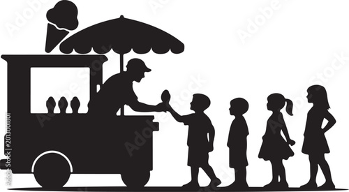 Photos silhouette of ice cream vendor with kids queue