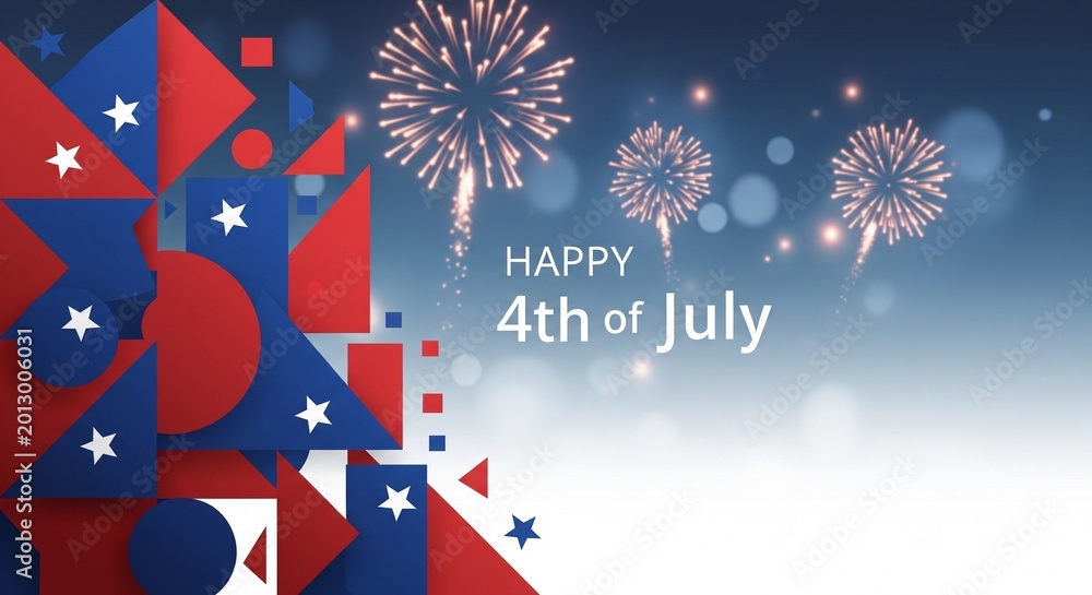 Obraz premium Happy 4th of July greeting with abstract geometric shapes in red, white, and blue and fireworks exploding in a gradient blue sky with bokeh lights, festive celebration concept