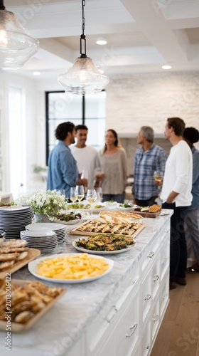 Buffet spread arranged on kitchen island with people mingling