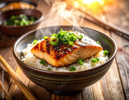 Steaming grilled salmon with rice and green onions, served in a bowl