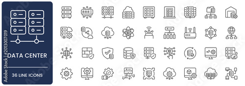Data center icon set. Collection of server infrastructure, cloud computing, database management, network storage, hardware, and hosting line icon vector illustration with editable stroke.