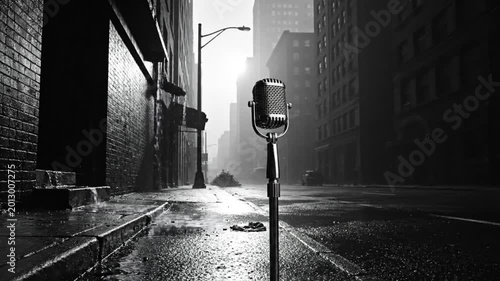 Black and white shot of a classic microphone on a stand in a wet urban alleyway with a misty sky background.