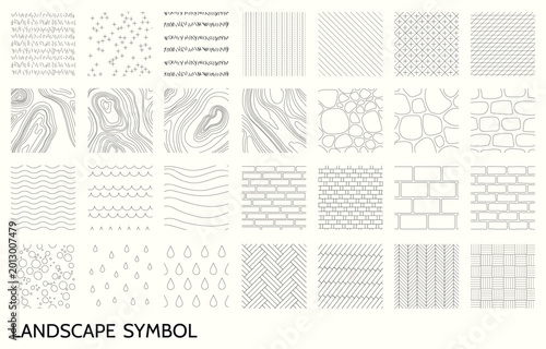 landscape geographic icons depicting a rock, pavement, brick wall, earth, water, and a vector texture of a grassy area. A large set of icons with a transparent background