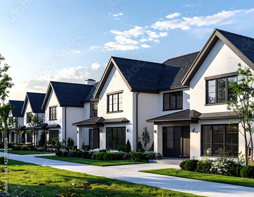 Row of modern, white townhouses with dark roofs, lush landscaping
