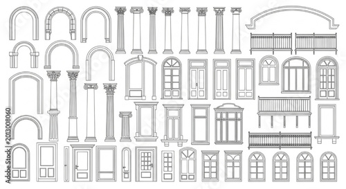 Classical Architectural Elements CAD Elevation Set — Arches, Columns, Doors, Windows and Balustrades in Technical Drawing
