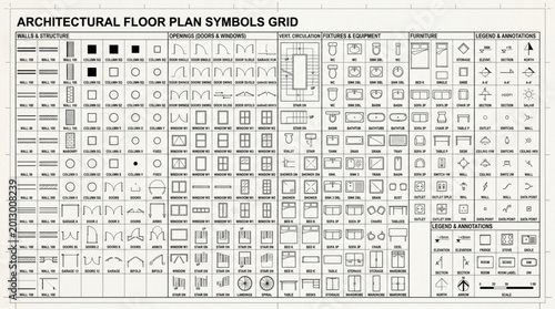 Bilde på lerret Architectural floor plan symbols grid.