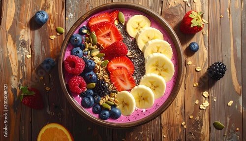 Vibrant fruit smoothie bowl topped with berries, banana, seeds, and granola