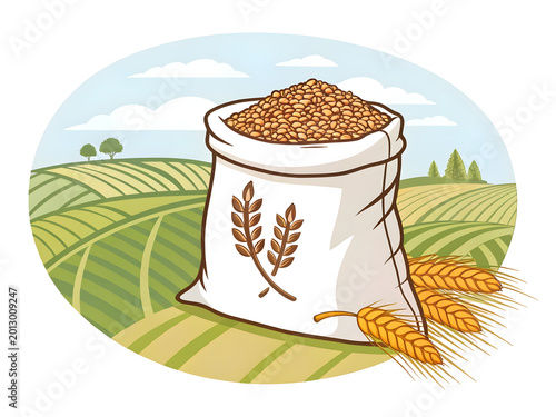 Sack of grain with wheat stalks in a stylized agricultural landscape during daytime Isolated on transparent background