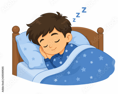 Cute cartoon little boy sleeping peacefully in bed