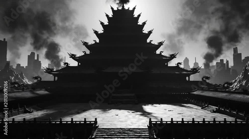 Epic and eerie black and white pagoda in dystopian city cinematic animation with ominous atmosphere