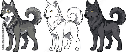Konstfotografi Cartoon Illustration of Three Wolves in Black, White, and Gray with Bushy Tails