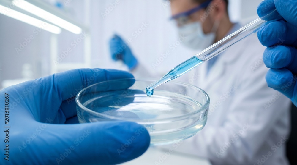 Fototapeta premium Scientist using pipette to drop blue liquid into petri dish in laboratory.