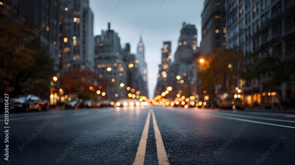Naklejka premium A cinematic perspective down an empty urban street at dusk highlighted by glowing bokeh lights and surrounding modern architecture