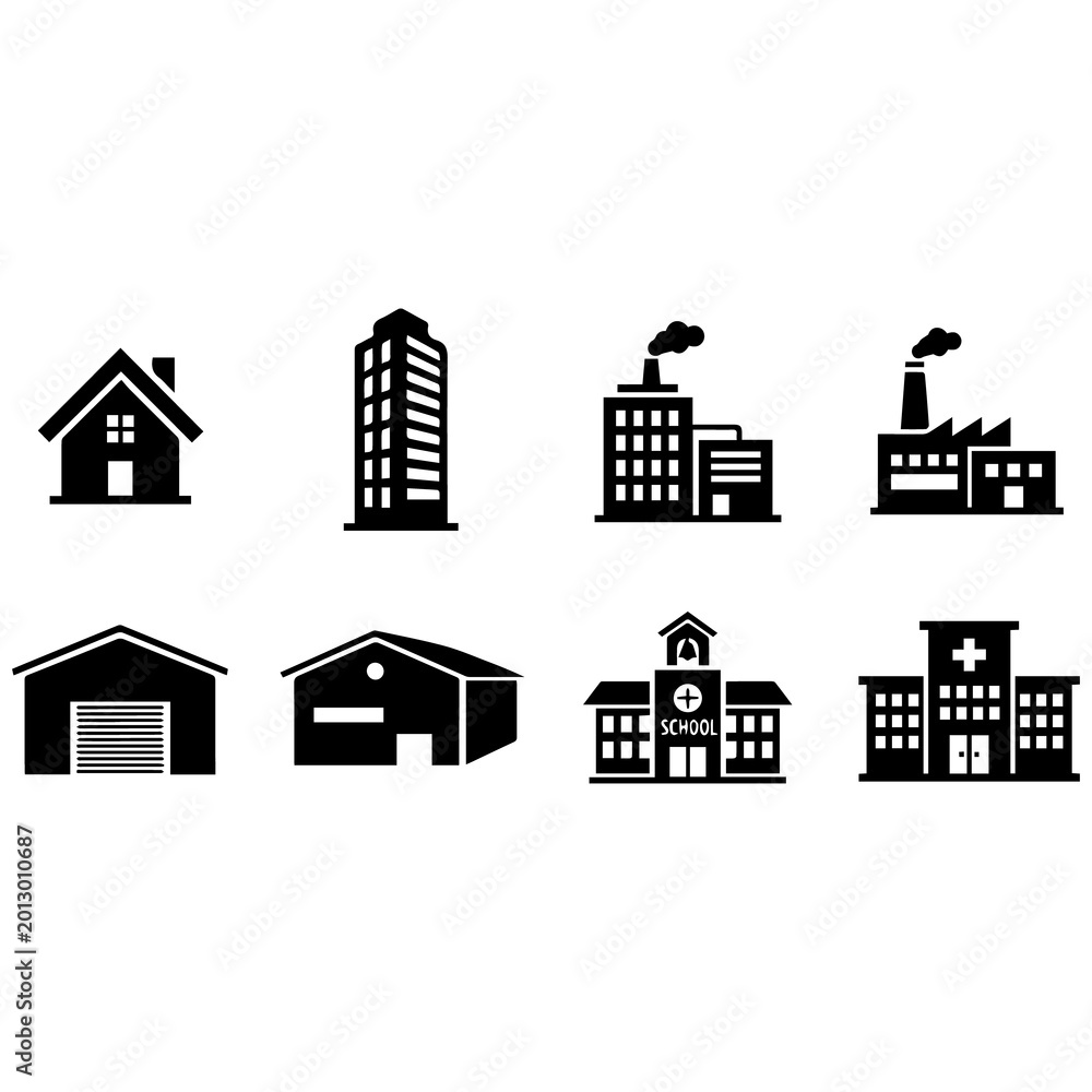 Obraz premium Buildings including house, skyscraper, factory, warehouse, school, and hospital are shown as icons.