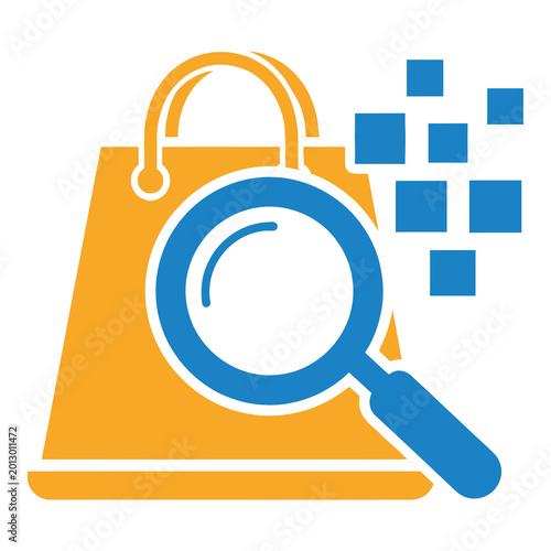 Obraz na plátne Yellow shopping bag with blue magnifying glass and squares on white background i