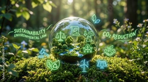 A transparent sphere showcases a vibrant green forest scene within its interior.